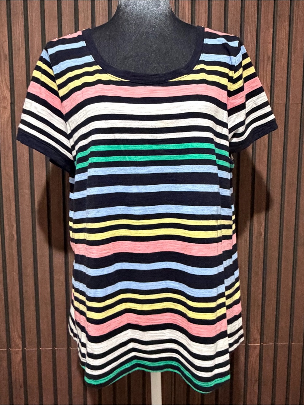 Talbots Multicolor Striped Scoop Neck Button Shoulder Tee Top Large